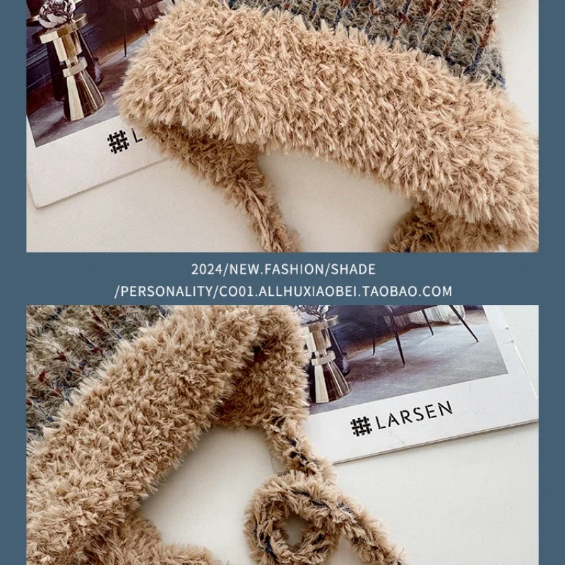 Winter Cute Cartoon Bear Ears Mixed Color Plush Pullover Hat Women Winter Warm Straps Ear Protectors Knitted Skull Beanie Cap