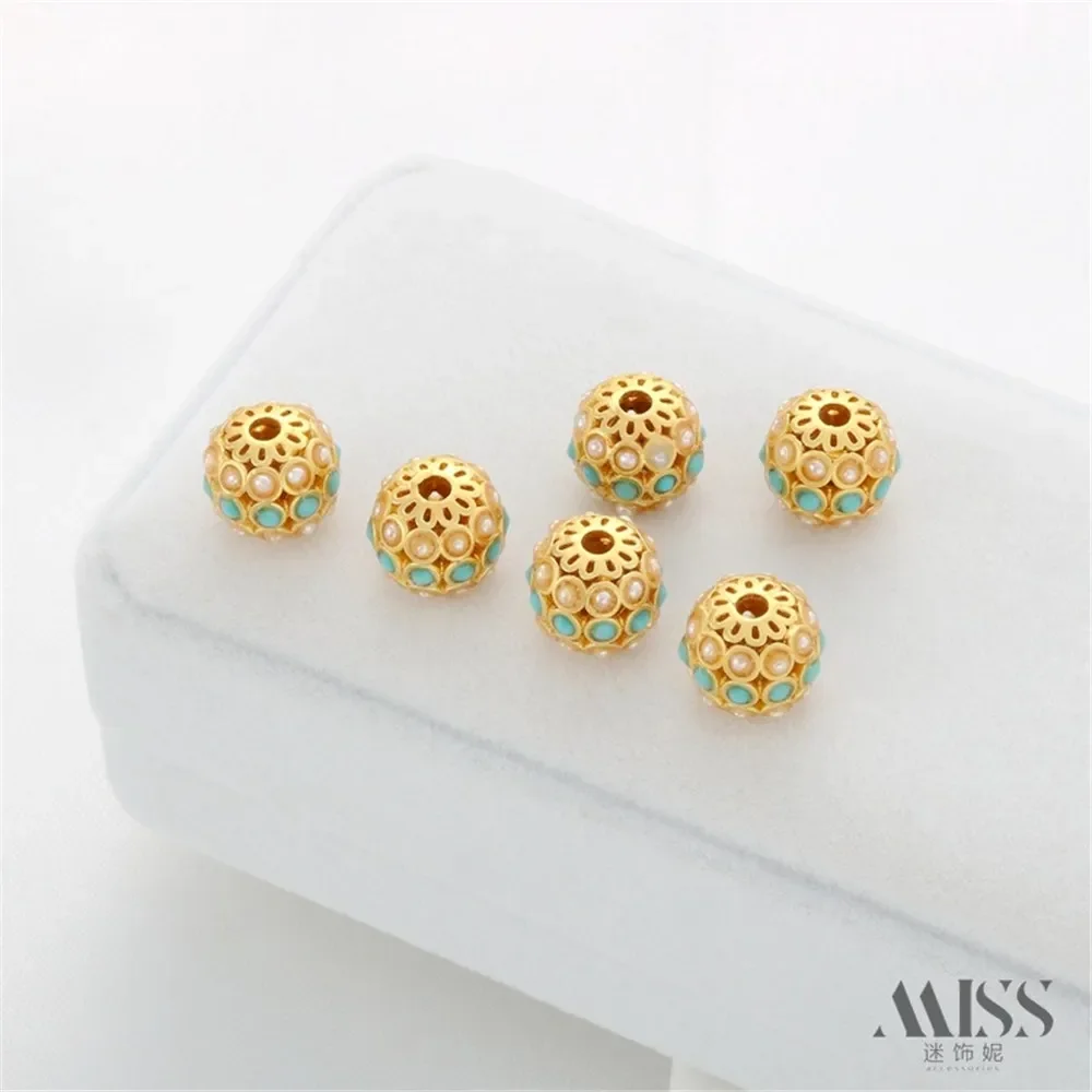 18K الذهب حقيبة اللون ماتي الذهب مطعمة الفيروز اللؤلؤ الجوف حبة نقل حبة سوار ذاتي الصنع قلادة مجوهرات اكسسوارات