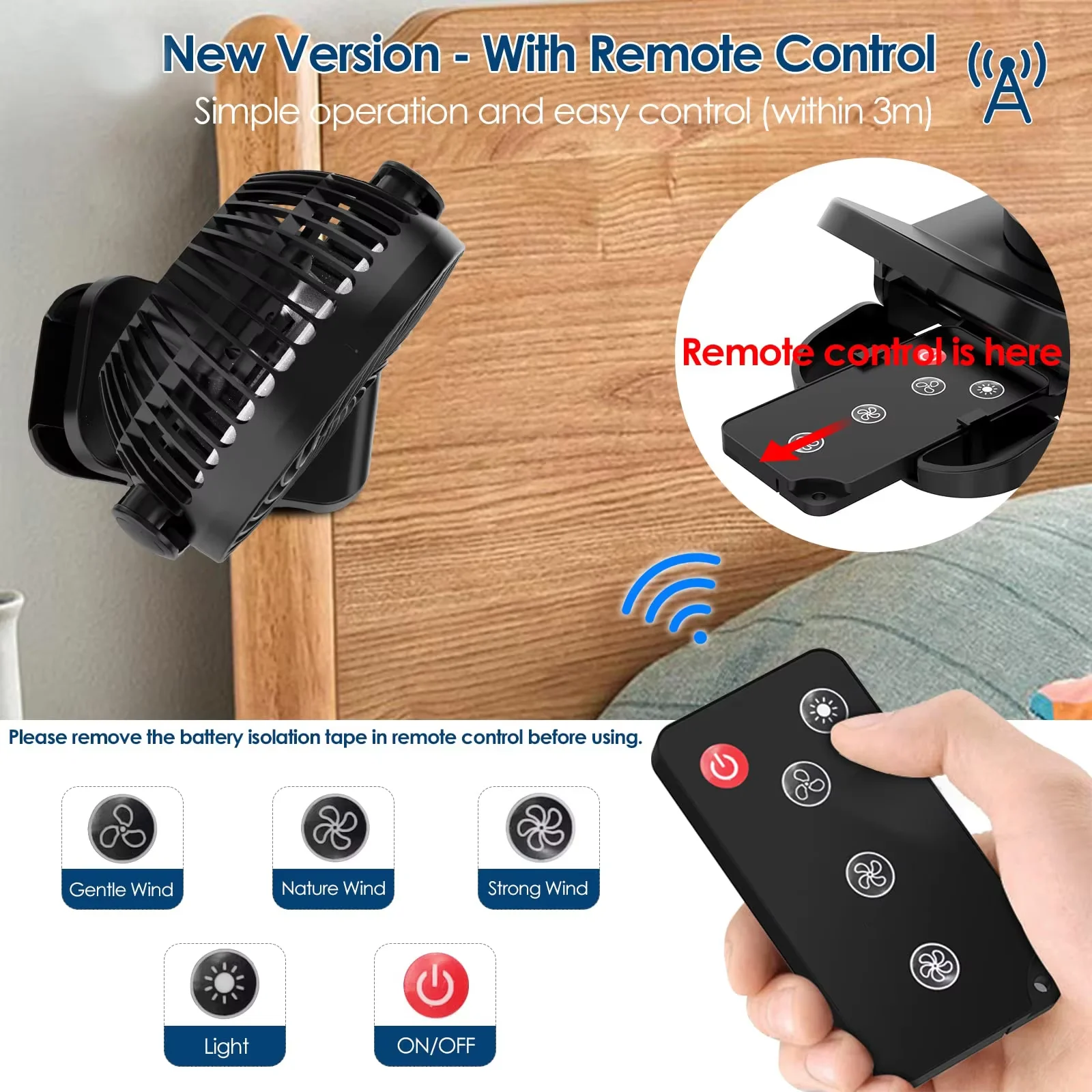 Portable camping fan with rechargeable 10000mAh battery, three-speed, 360° rotation, with hook for remote control