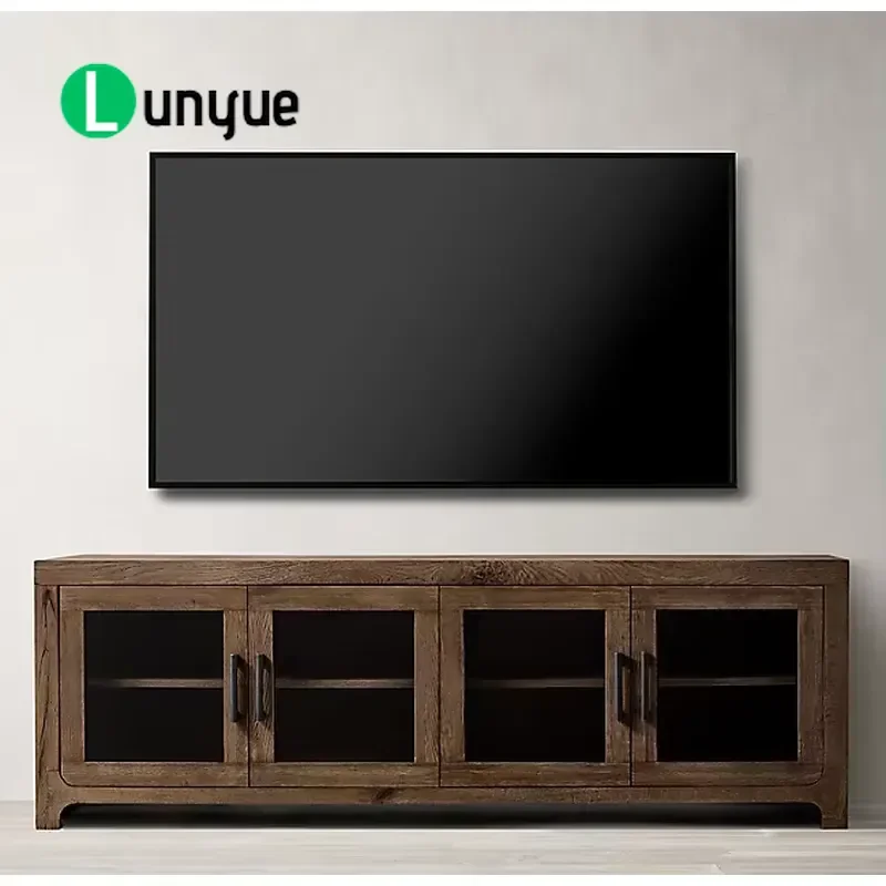 Custom Solid Wood TV Cabinet with 4 Glass Doors American Retro Long Media Console Table for Living Room Furniture Storage