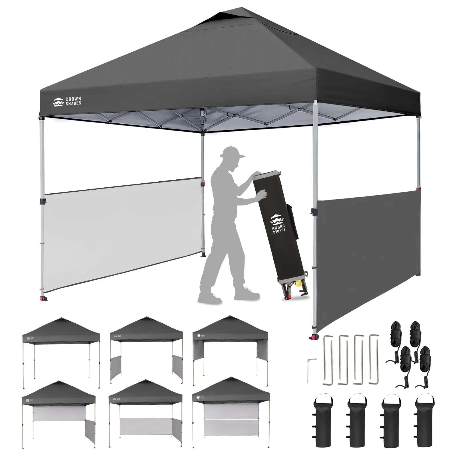 10x10 Pop up Canopy Tent with 2 Half Sidewalls, Grid Grey | Instant Canopy with Centerlok, 150D Silver Coated Fabric，4
