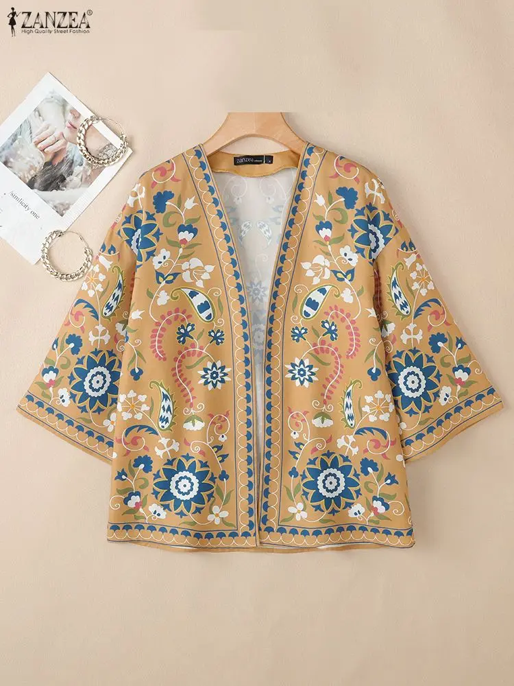 

ZANZEA Ethnic Style Paisley Print Cardigans Womens Loose V-Neck 3/4 Sleeve Open-Front Cover-Up Kimonos 2026 Spring Woman Clothes