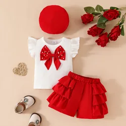 Toddler Girl Summer Clothes Big Pearl Bow Flutter Sleeve Round Neck Ribbed T shirt Tops Ruffled Shorts Beret 3Pcs Outfits Set