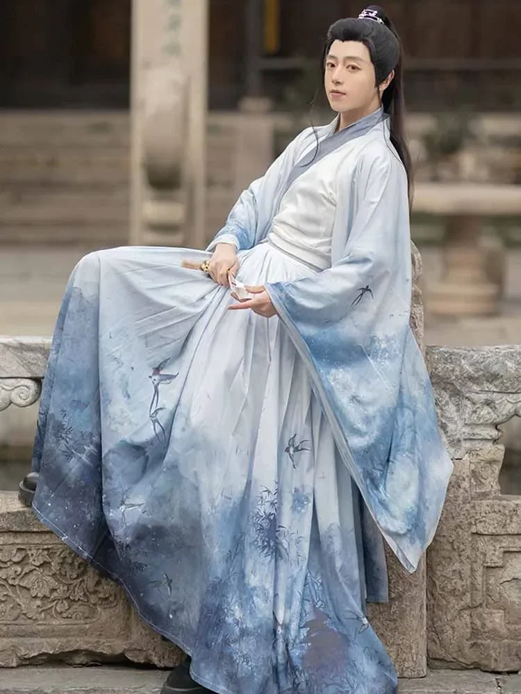 Платье ханьфу для пары, традиционный китайский костюм для косплея 2023, летний мужской и женский костюм ханьфу с градиентом, 3 предмета, размеры XL