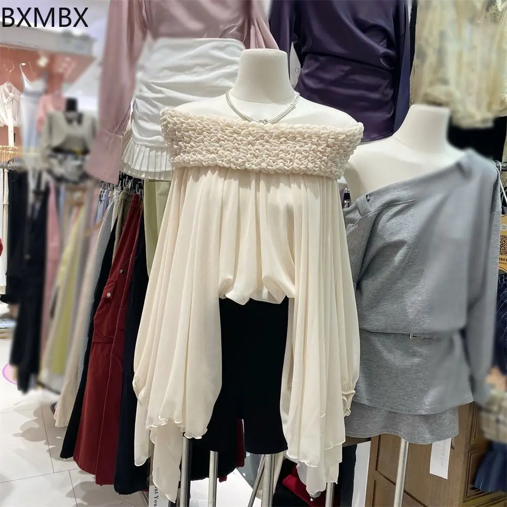 

2025 Spring French Gentle Wind Shoulder Pullover Versatile Lotus Edge Long Sleeve Top Women