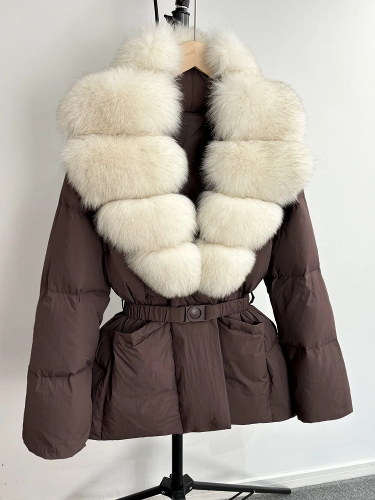 Lagabogy 2025 Large Real Fox Fur Winter Belt Waist-Tight Elegant Warm 90% White Duck Down Jacket Female V-neck Loose Puffer Coat