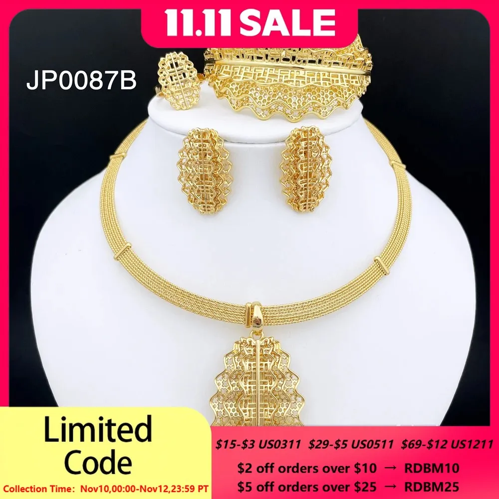 

Women Jewelry Set Italy Luxury Design Quality Choker Set Gold Plated Necklace Pendant Ring Bracelet No Fade Wedding Party Gift