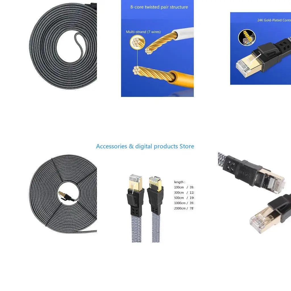 77JD Flat CAT8 Networking Cord 40Gbps Speed Coppered Cores Braided and Cable Universal Compatibility Space Saving