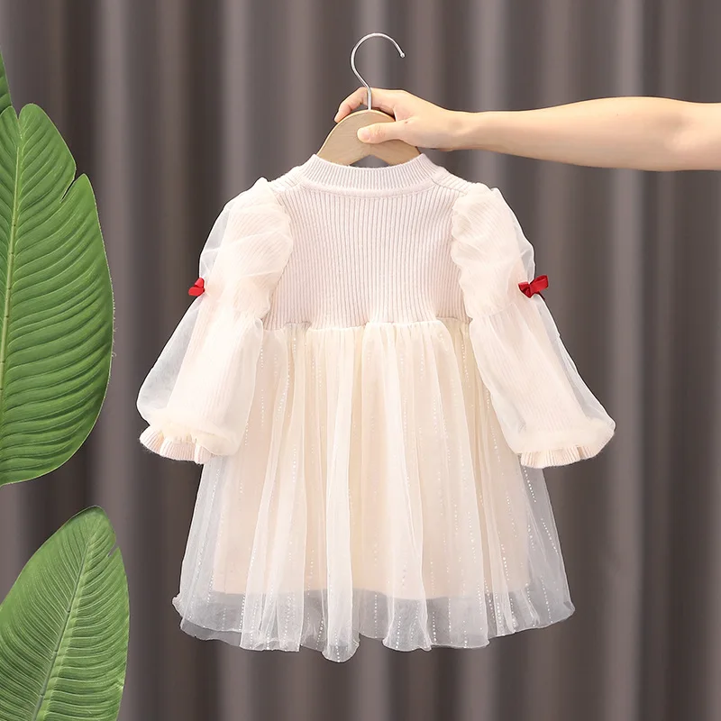 Autumn Winter Baby Girl Knitted Dress Knotbow Fleece Long Sleeve Kid Girl Vestido Round Collar Tulle Toddler Girl Princess Dress