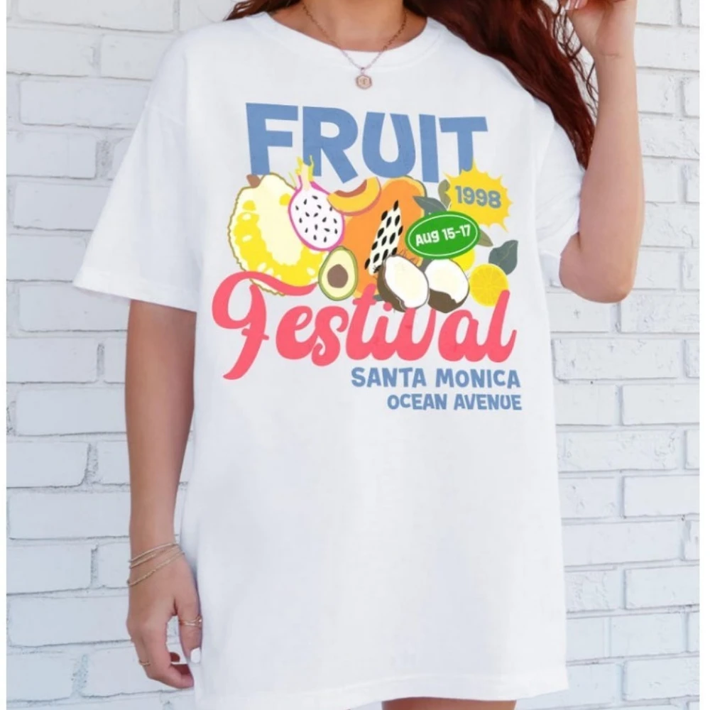 

Fruit Festival Graphic T-Shirt Retro Summer Fruit Tees Santa Monica Foodie Shirt Tropical Fruit Lover Gift Tops Women Tees