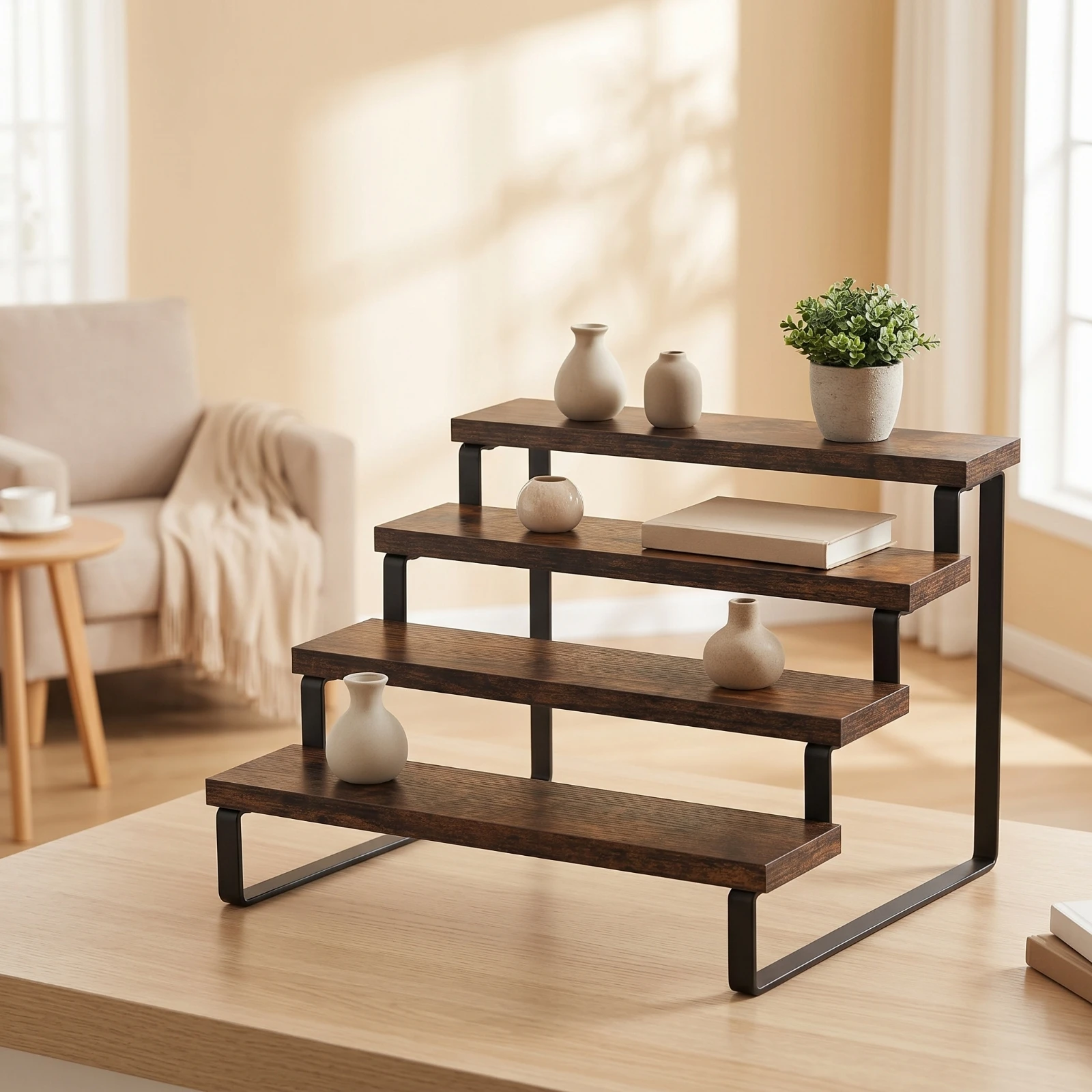 Stepped Display Rack Tabletop 4-Tier Display Shelf Riser Shelf with Wood Boards Sturdy Organizer Easy to Clean for Collectors