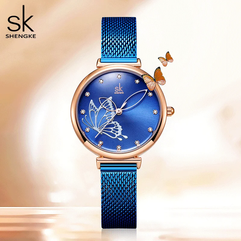 SK Original Design Frauen Mode Uhren Blau Edelstahl Damen Quarz Armbanduhr Shengke Elegante frau Schmetterling Uhr