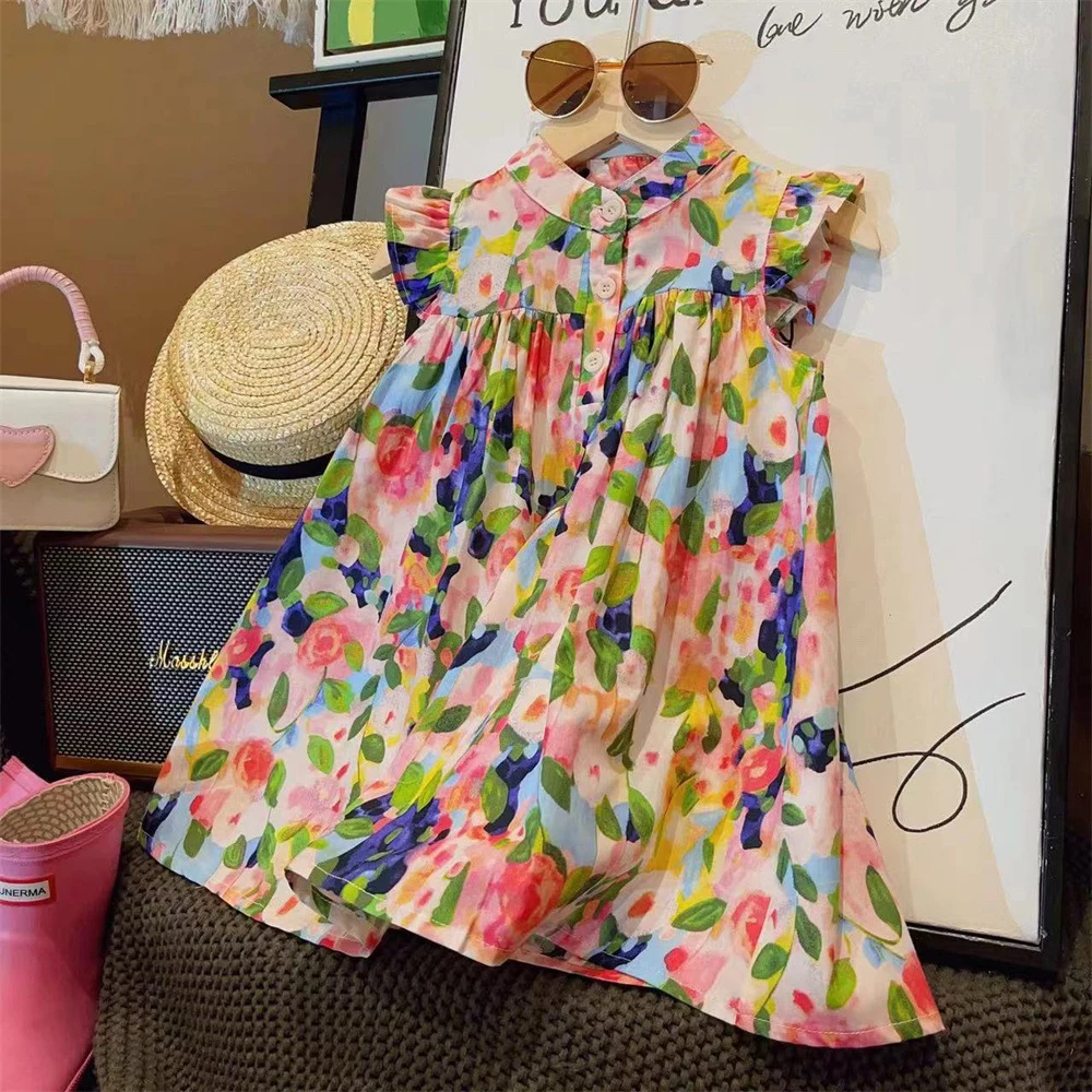 Summer New Girls' Casual Clothes Korean Version Color Floral Sleeveless Single Breasted Princess Dress