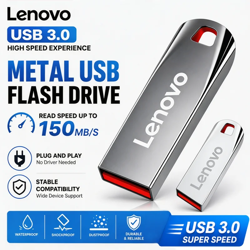 Pen Drive SSD Portátil de Alta Velocidade Lenovo - 512GB 256GB 128GB 64GB, Unidade Flash U para Telefone, Laptop, PC e Cartão de Rede