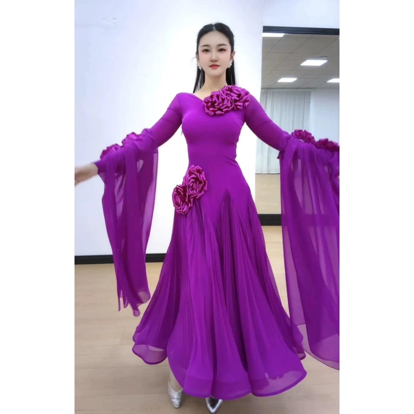 New Purple Ballroom Dance Competition Dress Flower Long Sleeves Adult Tango Waltz Dance Dresses Prom Performance Costume BL18795