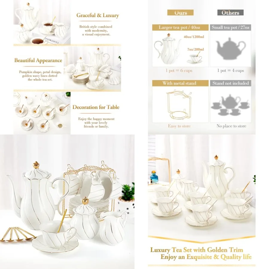 

DUJUST 22 pcs White Porcelain Tea Set for 6, Luxury British Style Tea/Coffee Cup Set with Golden Trim, Beautiful Tea Set for Wo
