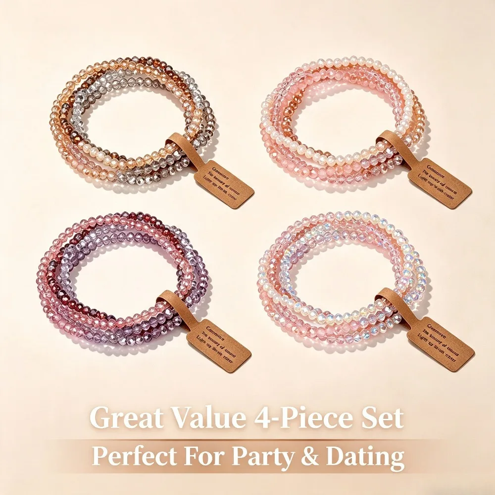 4-pack Colored Glass Bracelet, Women's Multi-layer Layered Bead Fashion Bracelet, High-end Gift Set