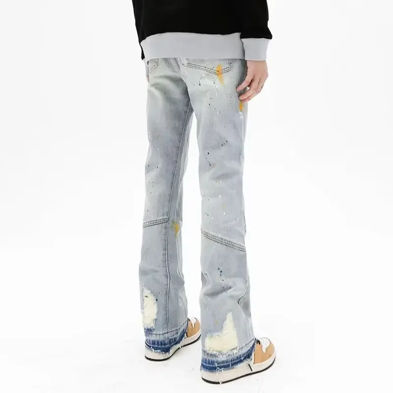 

2023 New Fashion Splash Ink Graffiti Vintage Baggy Men Flare Jeans Pants Elegant Washed Blue Hip Hop Denim Trousers Ropa Hombre