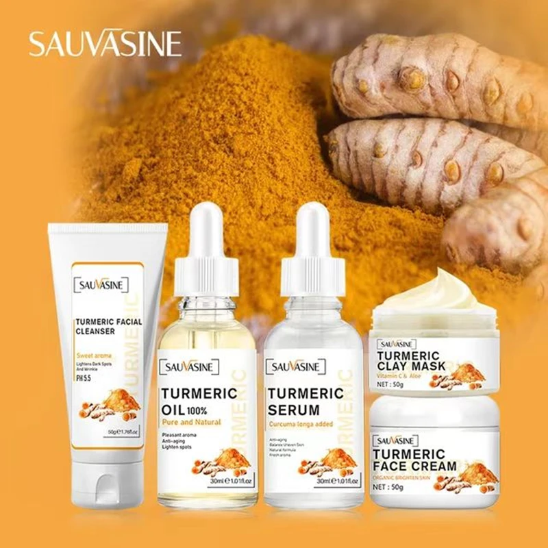 

5pcs Turmeric Skin Care Sets Natural Facial Acne Cleansing Cream Fade Dark Spots Remover Serum Oil Anti-Aging Skin Cleanser Soap