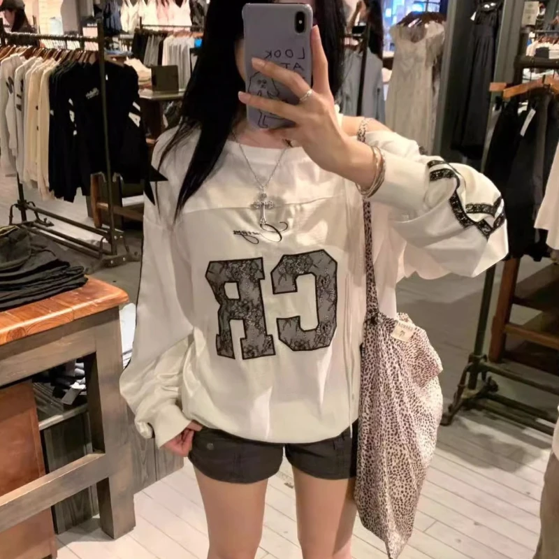 Y2k Ästhetische Spitze Brief Hoodie Frauen Skew Kragen Spitze Up Streetwear Hoody Harajuku Vintage Übergroßen Streifen Langarm Tops