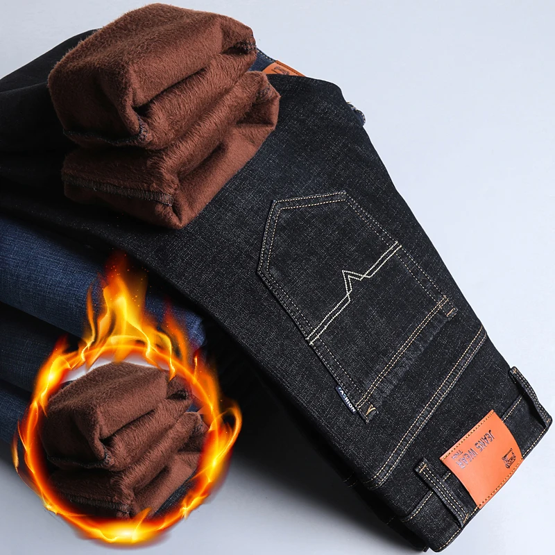 Warm Fleece Pants Winter Man Cowboy Man Thermal Fleece Lined Black Korean Fashion Slim Thicken Plush Wool Boot Cut Jeans Men