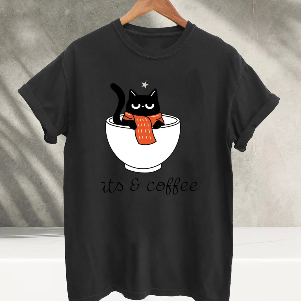 Its & Coffee Cute Black Cat in Coffee Cup Graphic T-Shirt Kawaii Pet Cat Casual Cotton Short Sleeve Crew Neck Coffee Lover Tee