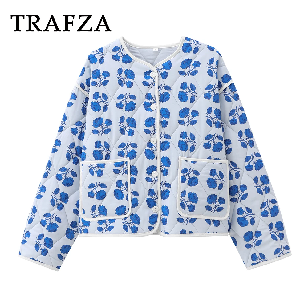 

TRAFZA Vintage Blue Floral Women Autumn Casual Jackets Fashion 2025 Streetwear Loose Outwear Buttons Oversized O-Neck Short Coat