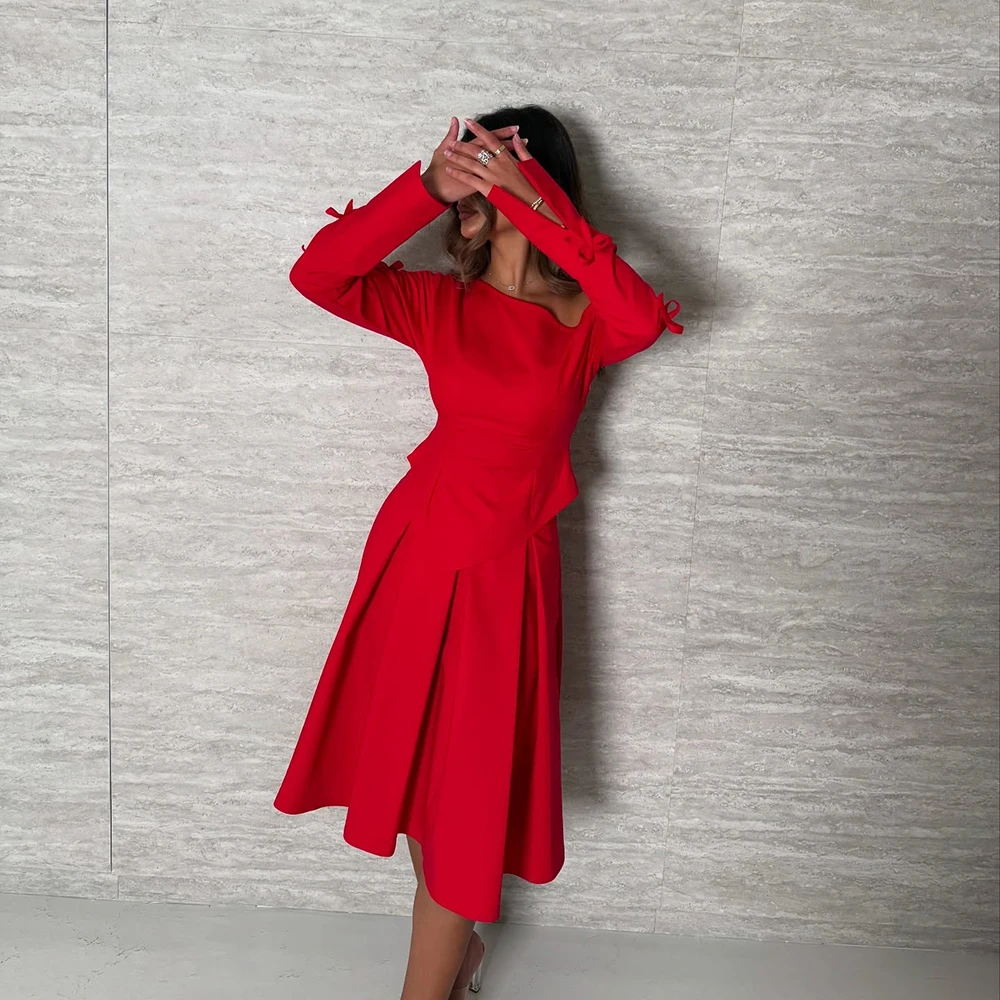 

Customized Red Boat Neck Jersey A-line Evening Dress Full Sleeves With Bow Party Dress Draped Knee Length Simple Prom Gown
