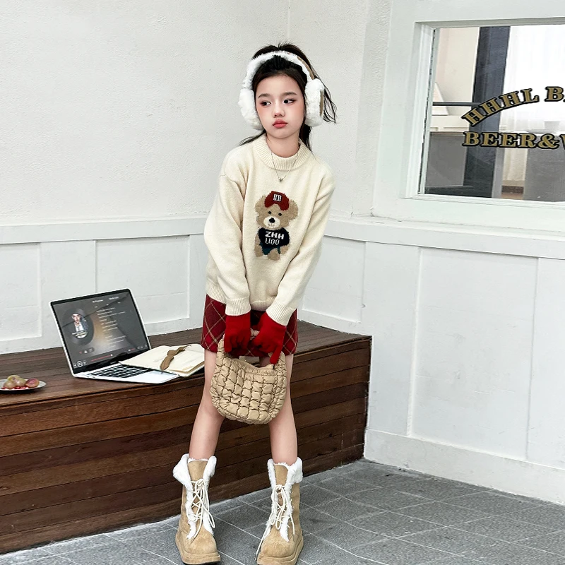 Autumn Winter beige teen girls Cartoon Bear Sweater Red checkered skirt junior kids Thick knit top child clothes 4-14 pull fille