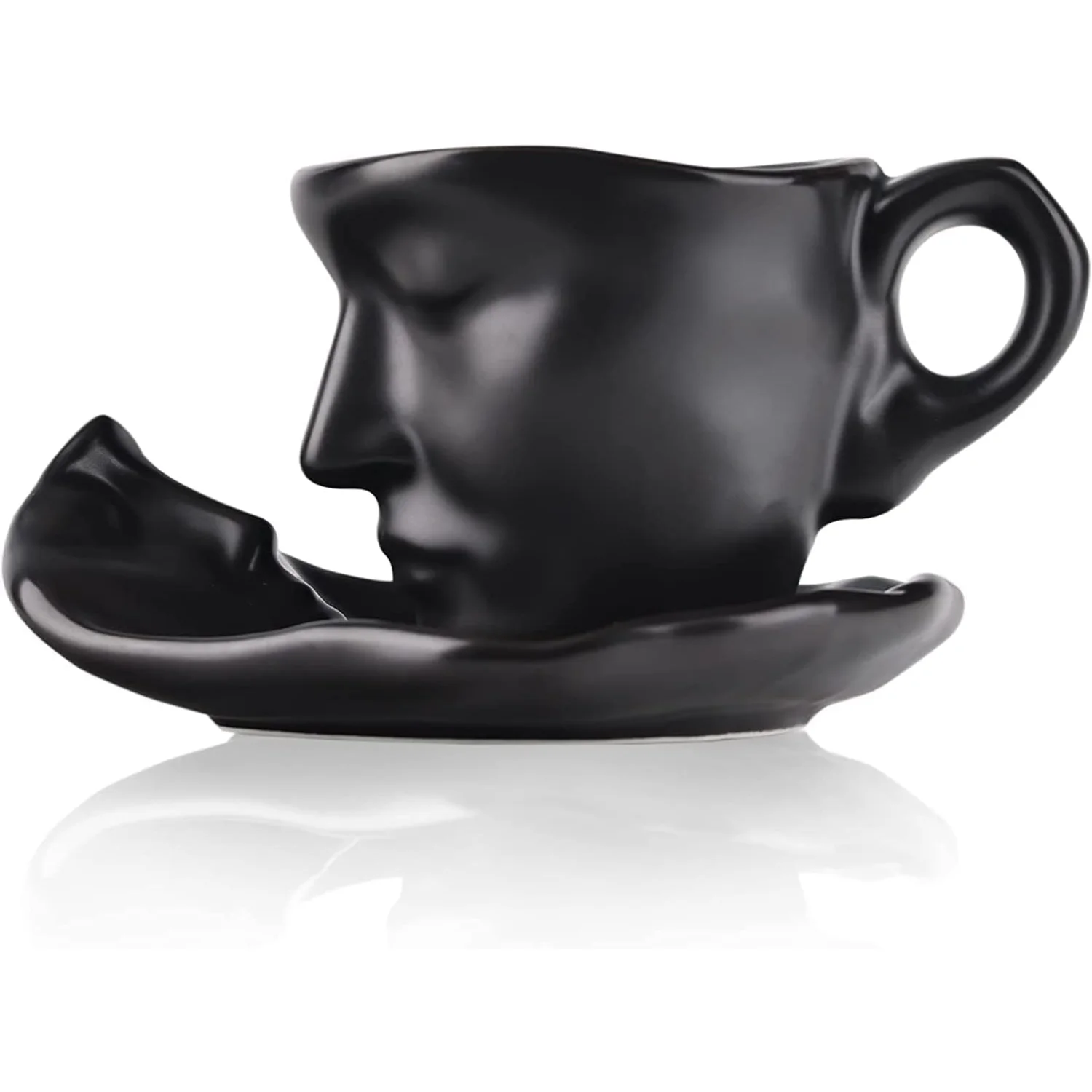 Creative Tea Cup and Saucer Set for 1 Ceramic Human Face Kissing Creative Ceramic Coffee Cup Set Teacup for Valentine's Day Moth