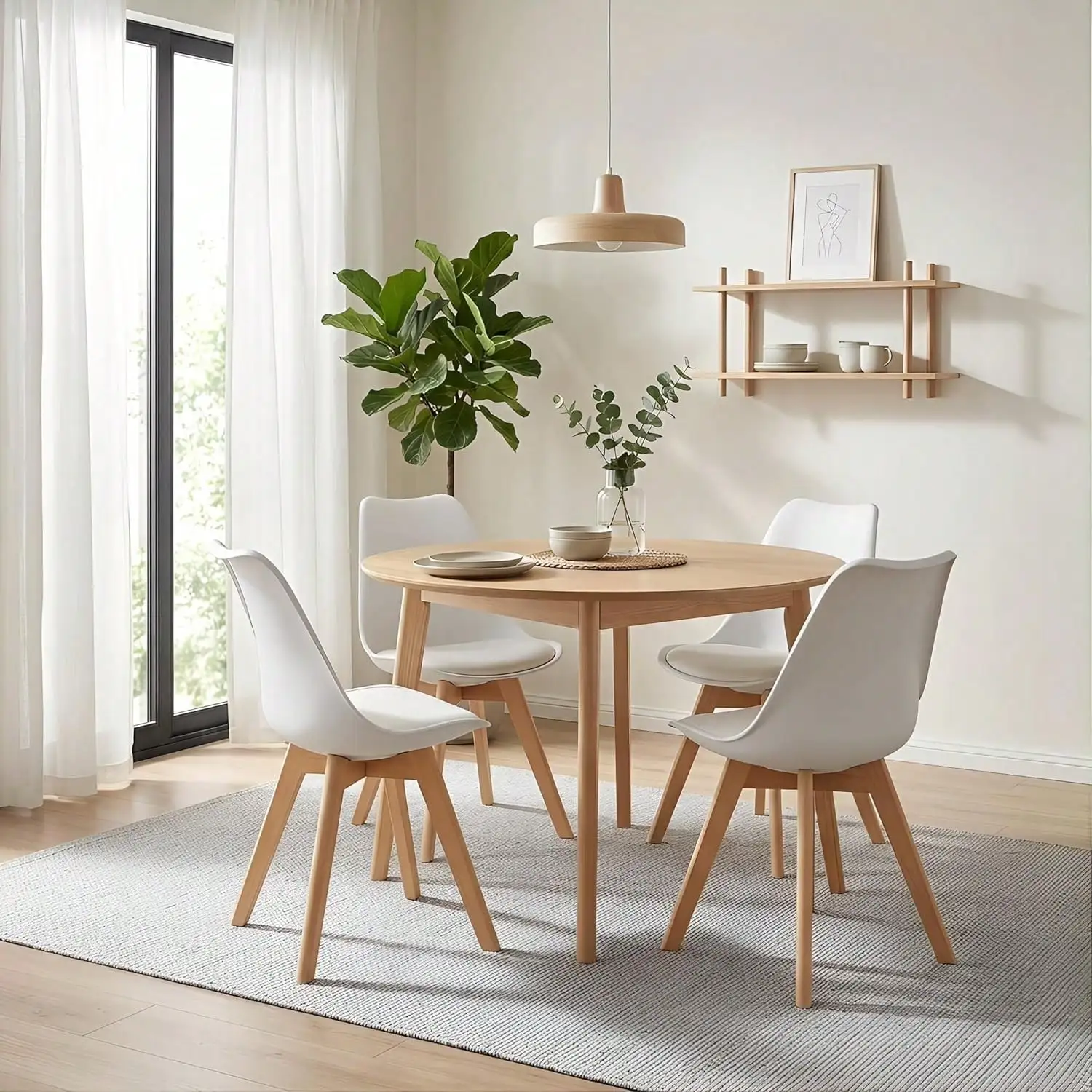 White Set Of 2 Mid Century Modern Dining Chairs, Plastic Shell Lounge Side Chair With Soft Padded Cushion And Wooden Legs For Dining Room Living Room Bedroom Kitchen Apartment