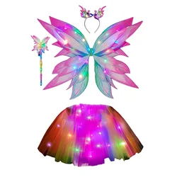 Kids Girls Halloween Costume Light-up Tulle Skirt Butterfly Wings Fairy Stick Headband Party Favor for Cosplay