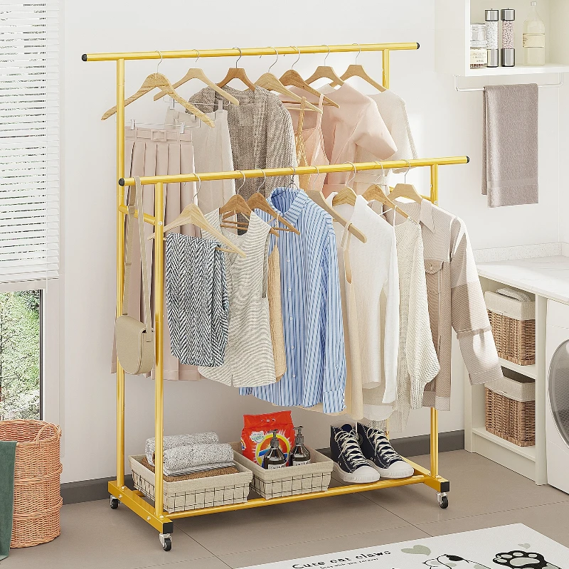 Double Rod Rolling Clothes Rack Portable Garment Organizer with Wheels for Bedroom Living Room Store