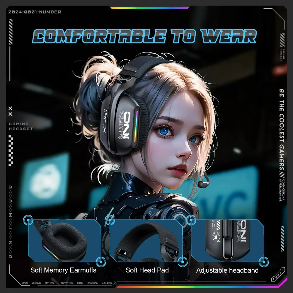 

ONIKUMA GT808 Bluetooth Headphones RGB Lighting 2.4G Wireless Gaming Headset Active Noise Reduction Ultra Long Life for PC Gamer