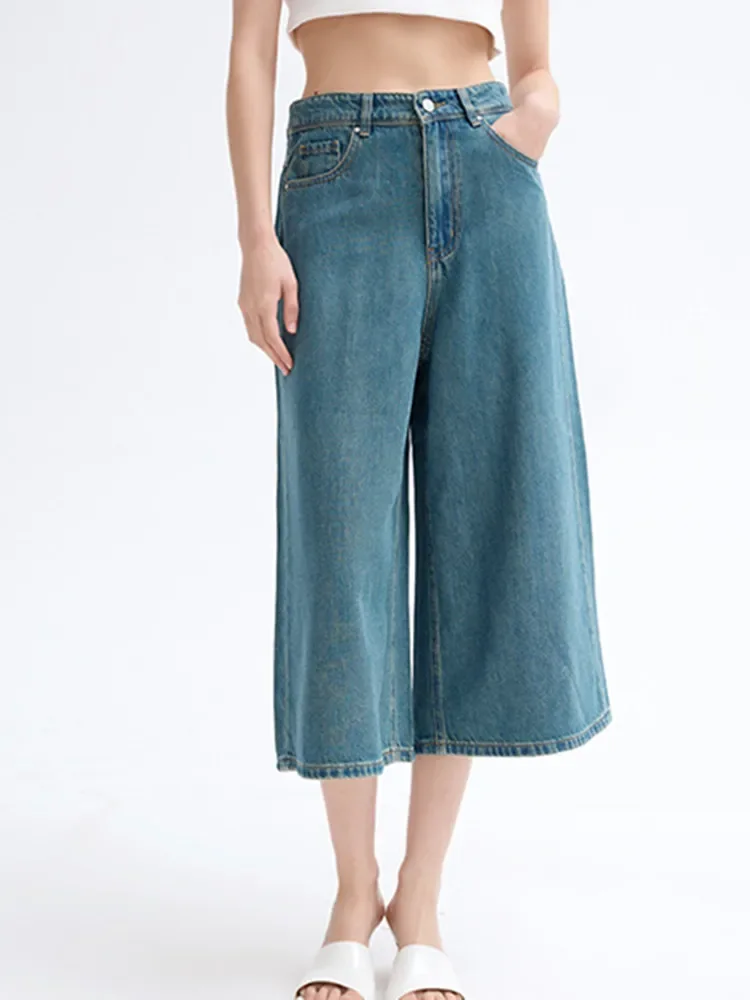 Women Soft Cotton Calf-Length All-Match Jeans Solid Color High Waist Casual Wide Leg Jeans