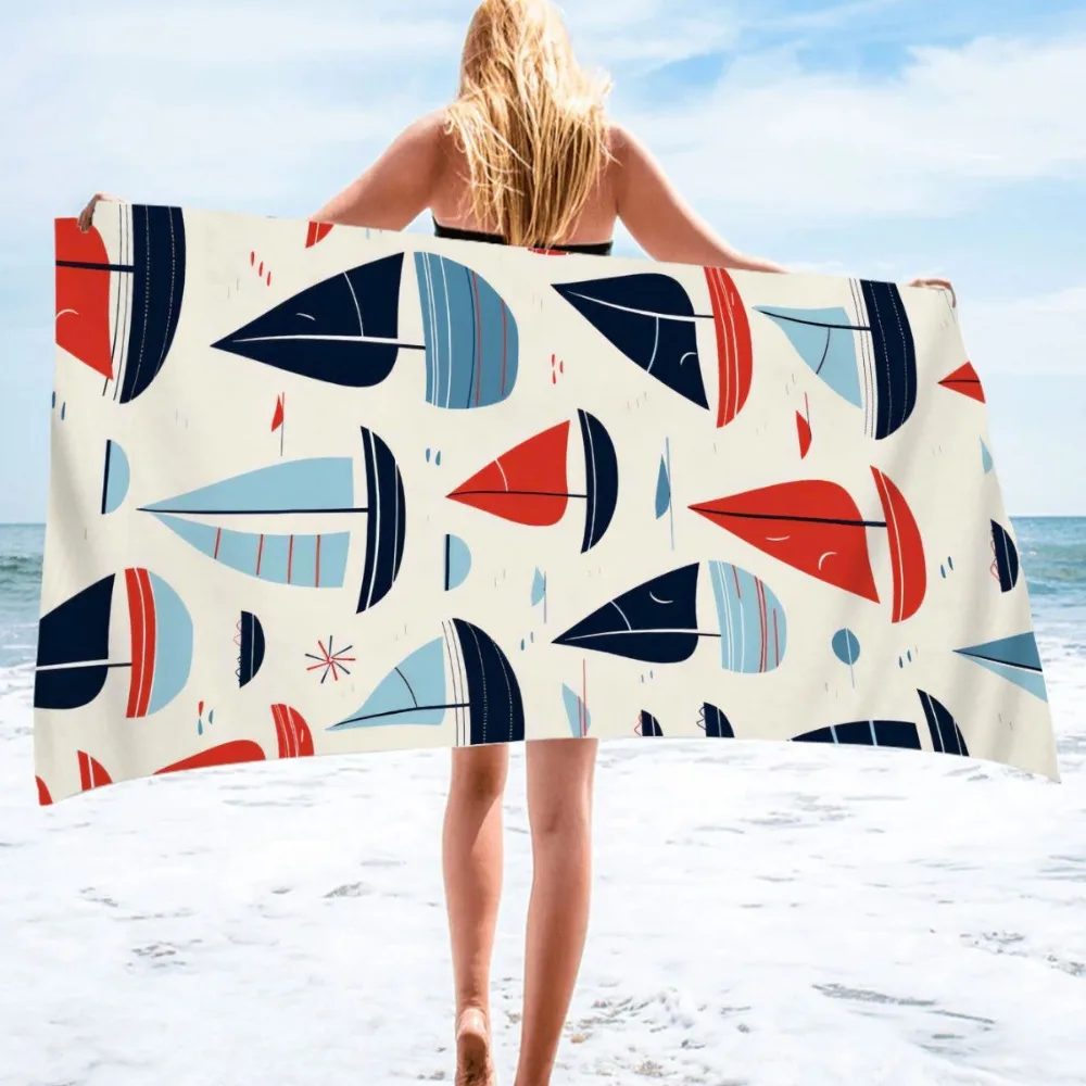 Sailing boat pattern digital-printed polyester Superfine fiber double-sided fleece Beach vacation bath towel, beach towel