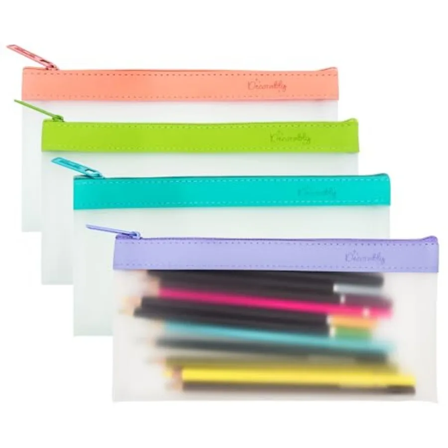 

4 Pack 8.5x4.25in Transparent Pencil Pouch with Zipper Thick and Durable 4 Multunctional and Colorful Designs for Office Cosmet