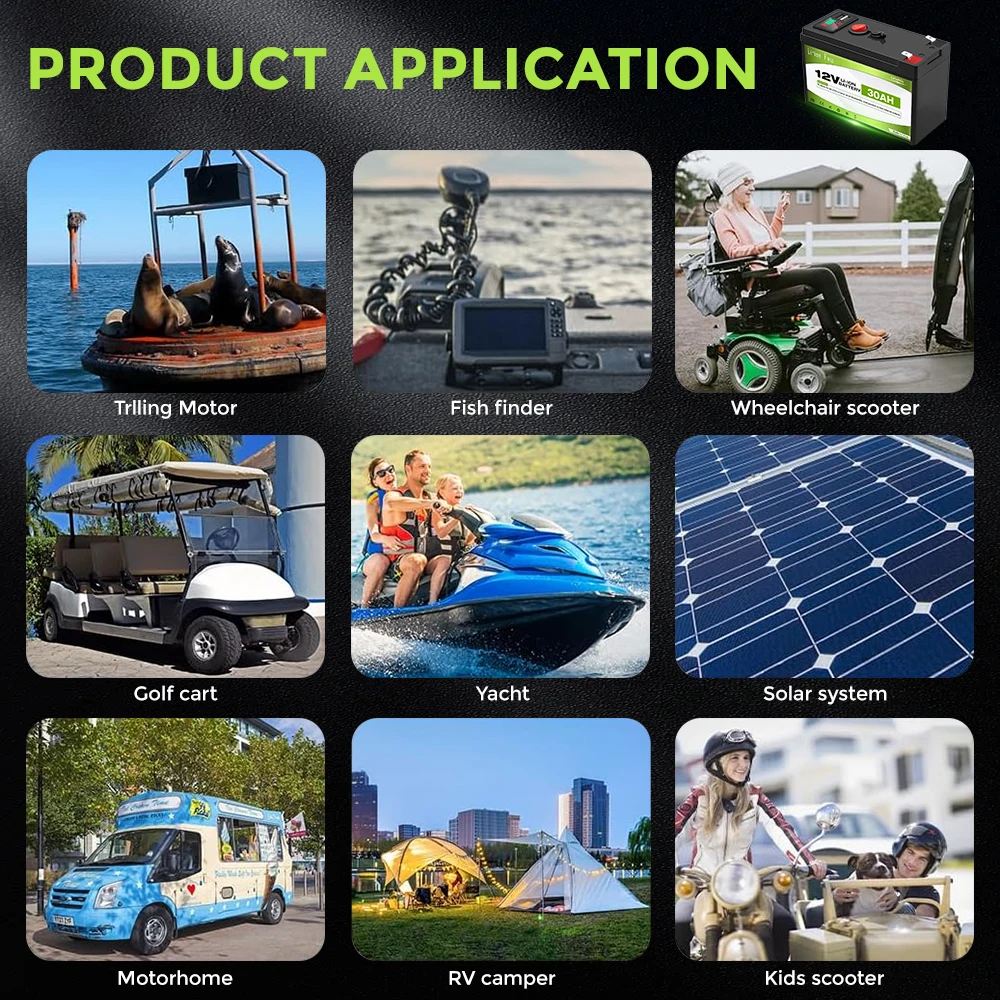 Lithium LiFePO4 12V 30Ah Deep Cycle Iron Phosphate Battery for Solar, Fish Finder, Power Wheels, Lighting,Off-Grid Applications