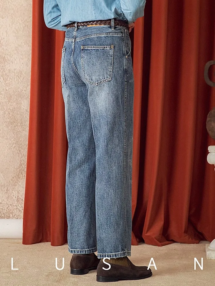 メンズ ウォッシュド ハイウエスト ジーンズ - 秋冬 レトロ フリンジ ライトカラー アメリカン ストレートレッグ