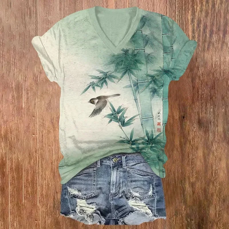 Retro-style Japanese Bird And Bamboo Print Short Sleeved V-neck T-shirt Summer Women's T Shirts