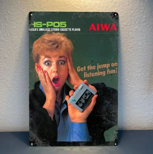 Reproductor de casetes portátil Aiwa, póster metálico vintage, cartel de hojalata de 20x30 cm, aluminio