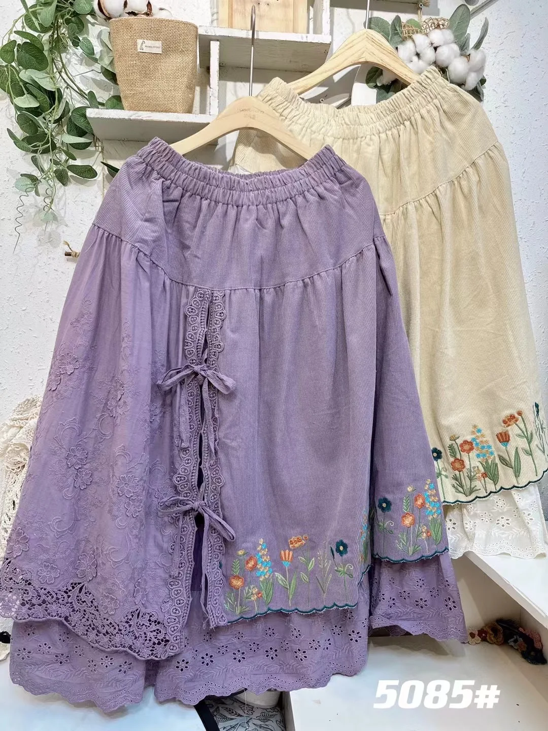 

Thiened Corduroy Double Layer Autumn Winter f Skirt Embroidered Side Bow Large Skirt f Skirt Sweet Sle A-Line Skirt