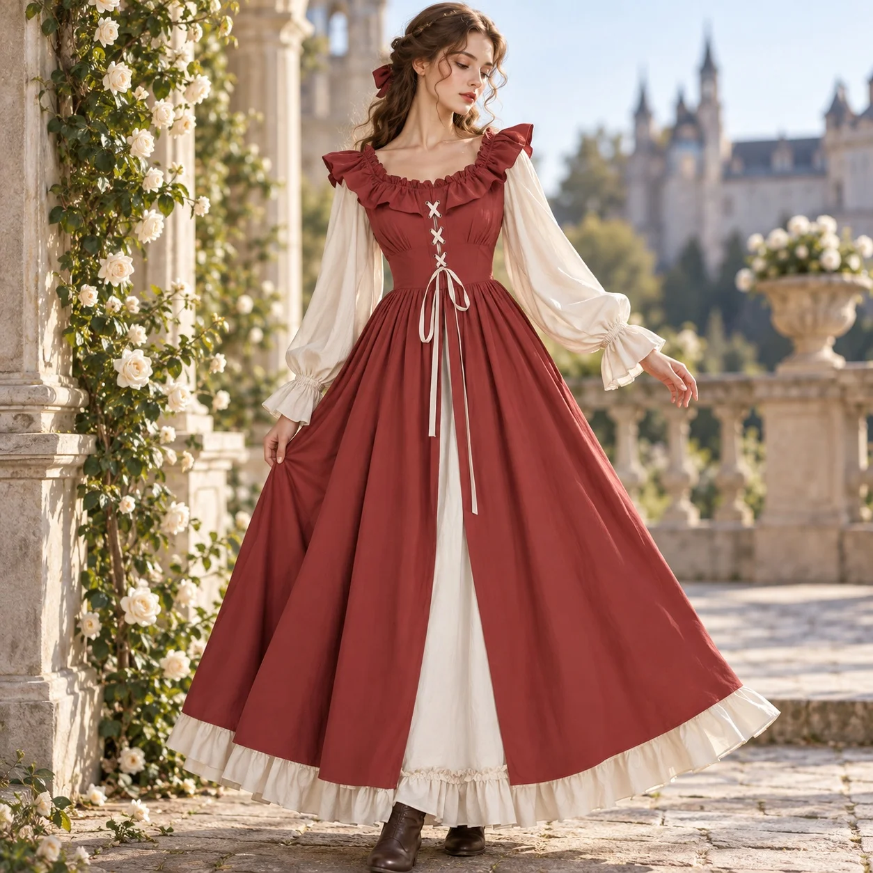 Embroidery Vintage Dress Literary Vintage with Long Sleeve Spring Edgy Streetwear Medieval Renaissance Fairy Dress for Women