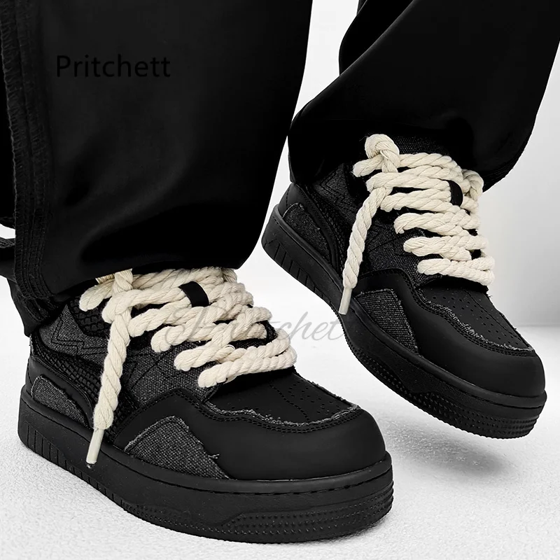 

Thick Soled Skateboard Shoes Men's and Women's Thick Rope Bread Shoes Couple Platform Canvas Shoes Lace Up Casual Sneakers