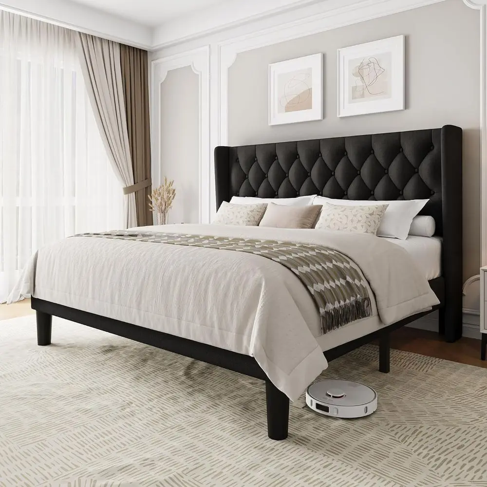 

Кровать King Size с изголовьем Wingback, обитая тканью, на платформе, с 8 ящиками для хранения, деревянным и металлическим ламельным основанием, без пружинного блока, черная