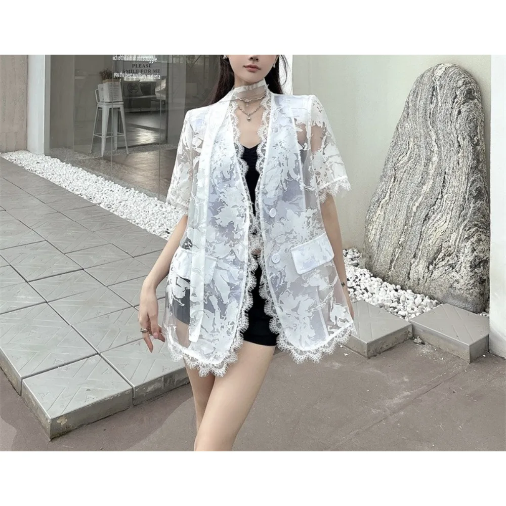 TWOTWINSTYLE Solid Spliced Lace Loose Jackets for Women V Neck Short Sleeve Patchwork Button Coats Female Fashion Style