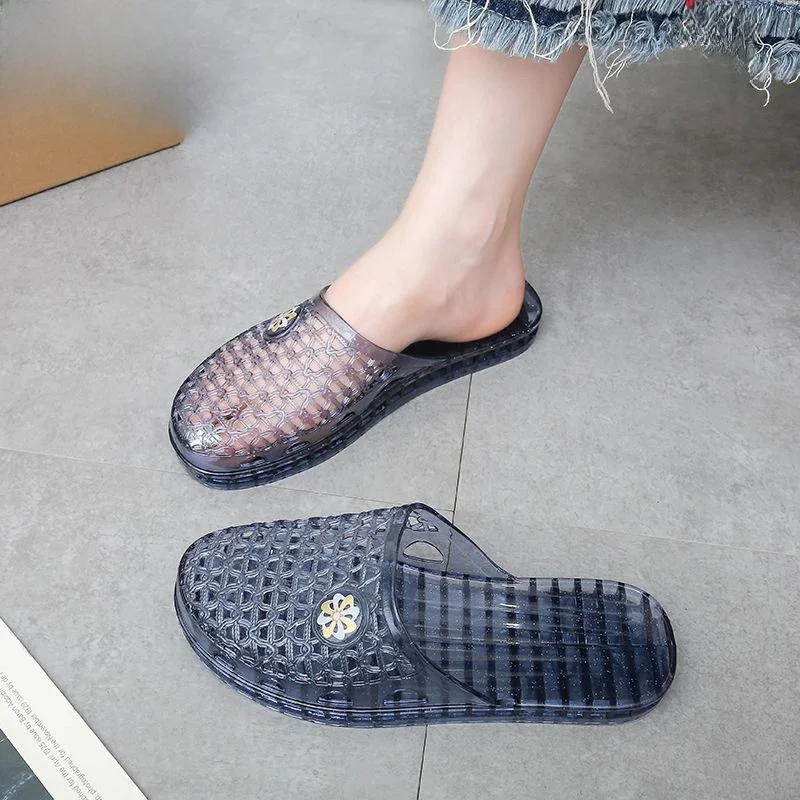 Crystal Head Summer Slippers Transparent Breathable Hollow out Wear Resistant Bath Room Bathing Flat Bottom Anti Slip Slippers