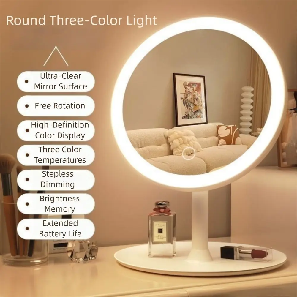 3 Color Light LED Makeup Mirror USB Rechargeable 270° Rotation Cosmetic Mirror Adjustable Brightness Desktop Vanity Mirror