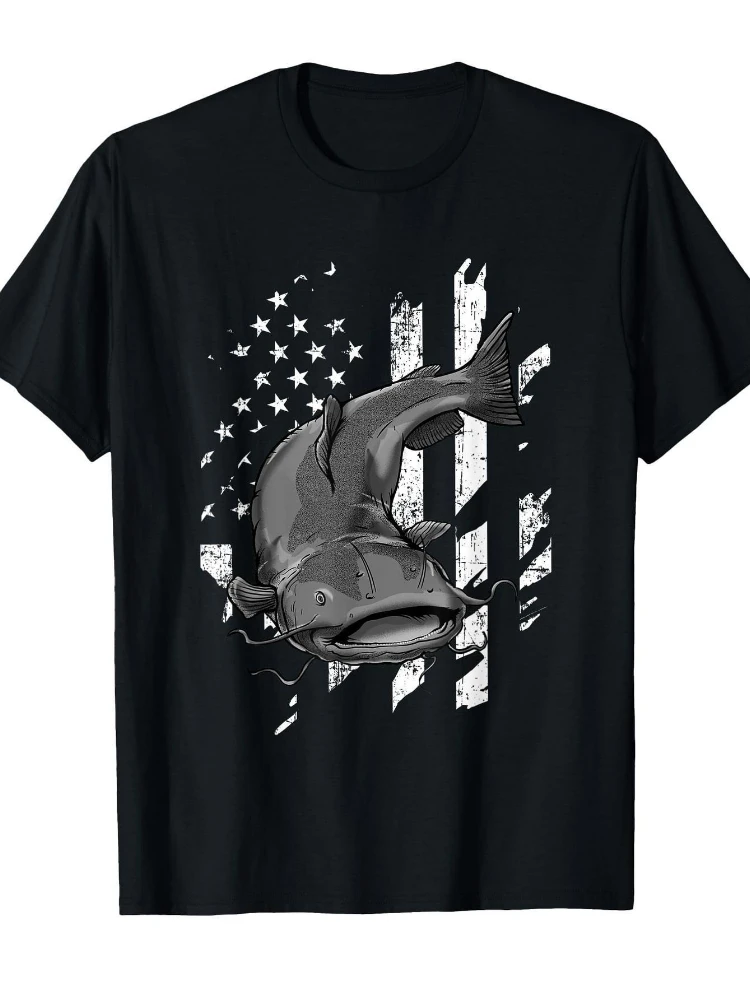 

Catfishing American Flag T-Shirt - Patriotic Bass Fishing Design -100% cotton summer casual O-neck printed men's T-shirt.