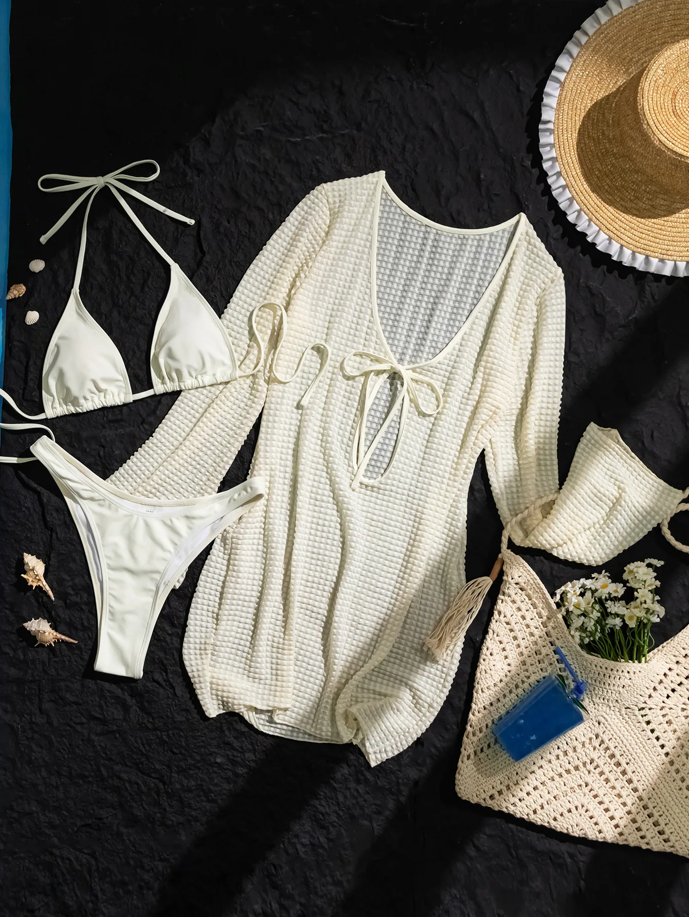 sexy plain micro bikinis sets 3pcs with long sleeve cover smock dress swimwear bathing suit beach outfits swimsuits biquini